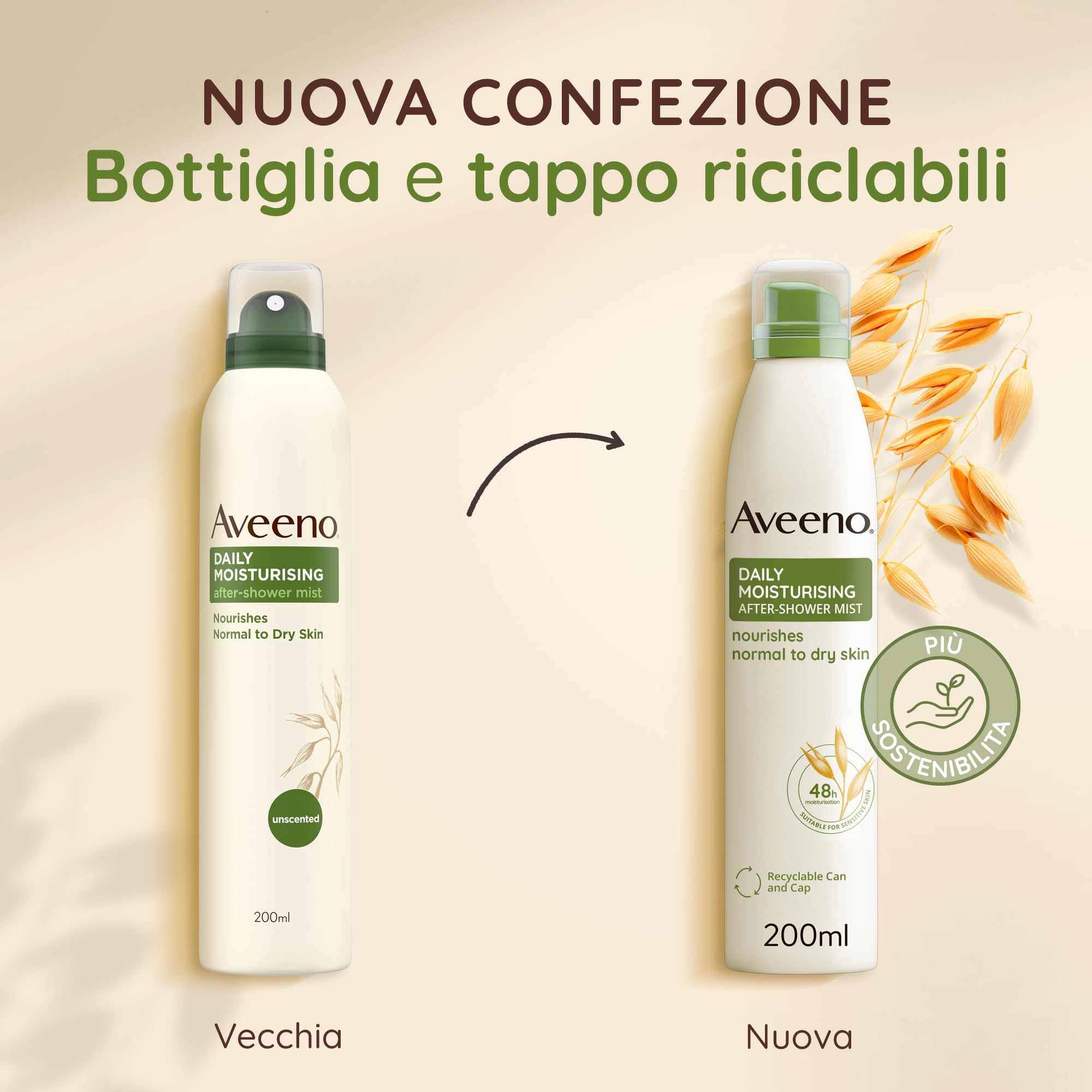 Aveeno Daily Moisturising Spray Dopo-Doccia, Crema corpo idratante in spray con Avena, Crema corpo spray per pelli secche e sensibili, Spray corpo senza profumo, 200 ml