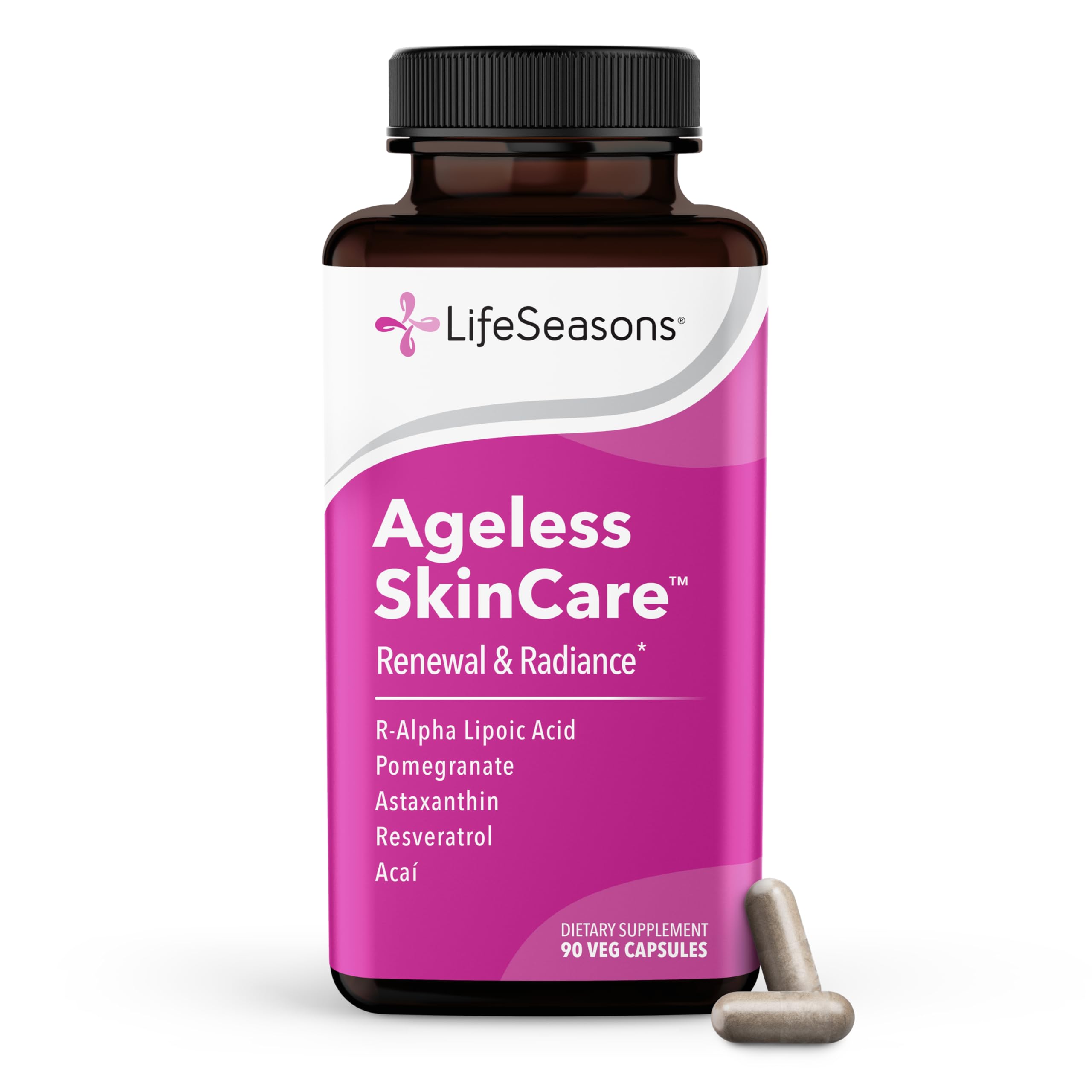 LifeSeasons Ageless Skincare - Anti Aging Supplement - Antioxidant Support - Moisturizes & Nourishes Skin - Acai Berry Astaxanthin Resveratrol R-Alpha Lipoic Acid & Pomegranate Extract - 90 Capsules