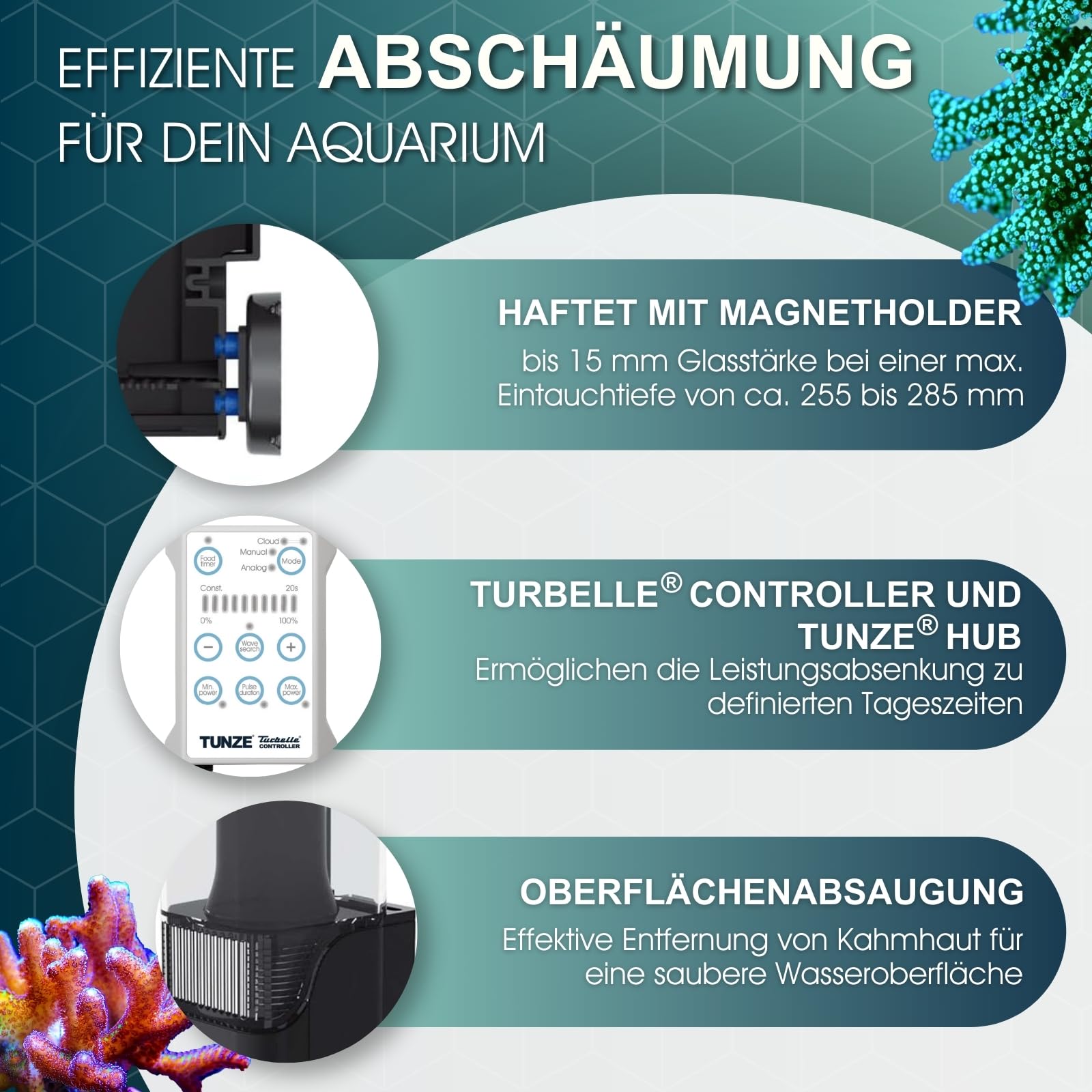 TUNZE Comline DOC Skimmer 9012 DC I Oberflächenabsaugung für Aquarien mit 200-1200 L I energieeffizienter Eiweißabschäumer mit Magnethalterung
