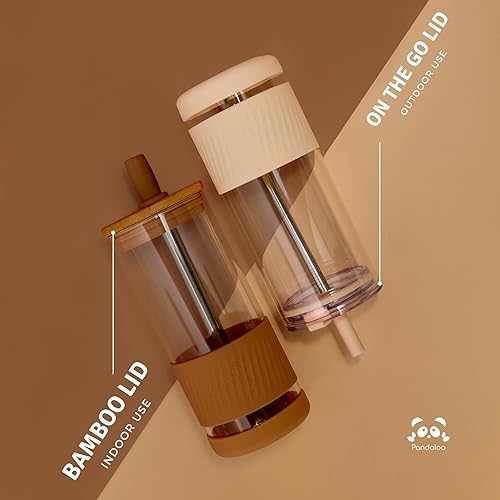 Miniatura 5 de Pandaloo Vasos de vidrio con tapas y pajitas, 20 onzas líquidas, taza de café helado, taza de batido con tapa de bambú y tapa sobre la marcha, vaso