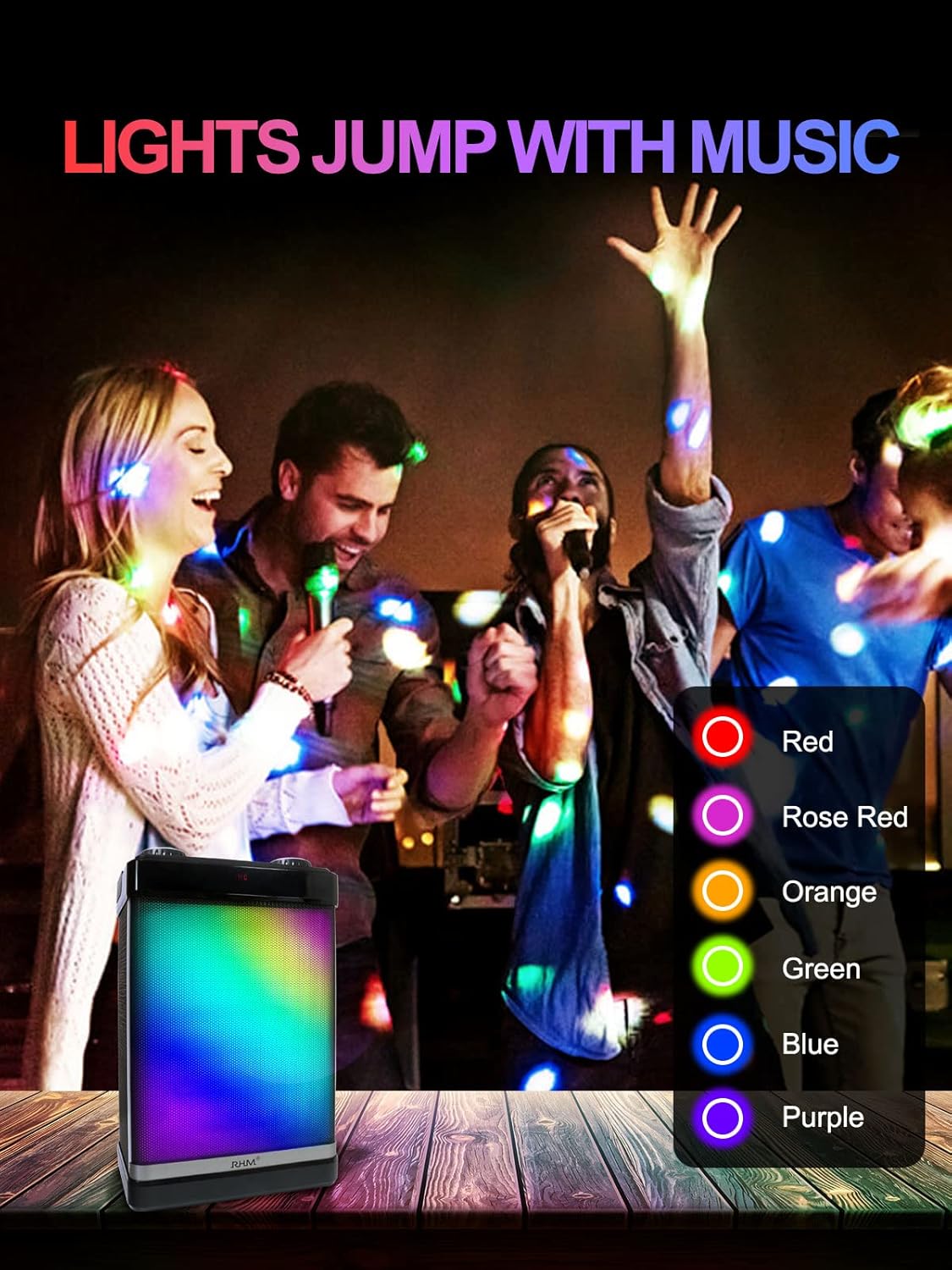 RHM K112 Karaoke Machine with 6 Color Change, Portable Bluetooth