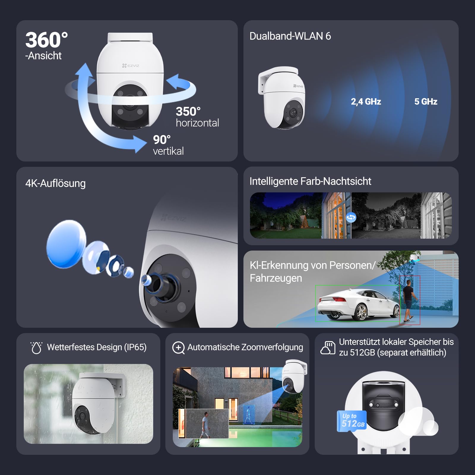 EZVIZ 4K Überwachungskamera Aussen WLAN, 360° PTZ Kamera Außen mit KI-Erkennung, Zwei-Wege-Audio, 2.4 & 5 GHz WLAN, 8MP Farbnachtsicht, Wetterfest, Fernsteuerung per App, C8c 4K (Version 2026)