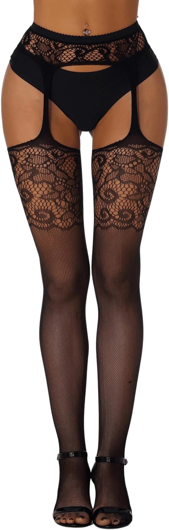Women's Fishnet Stockings Tights High Waist Cut Out Lace Fishnets Suspender Pantyhose