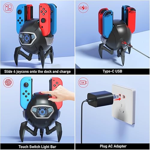Vista 3 de Joy-Con - Base de carga para Nintendo Switch con adaptador de CA y cable USB-C, estación de carga Joy-Cons de bolas de nieve Paobas con indicador LED