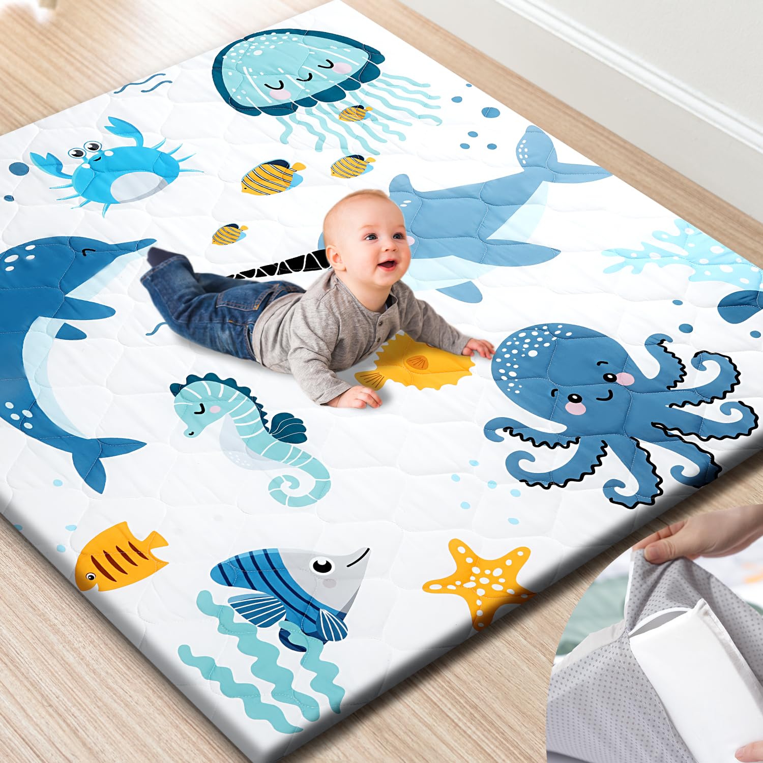 Premium Foam Baby Play Mat 50x50 – Removable & Machine Washable Cover, Extra Thick Padding Playpen Mat, Non-Slip Crawling Mat, Easy to Clean for Infants, Toddlers & Babies Ocean Friends 50" x 50"