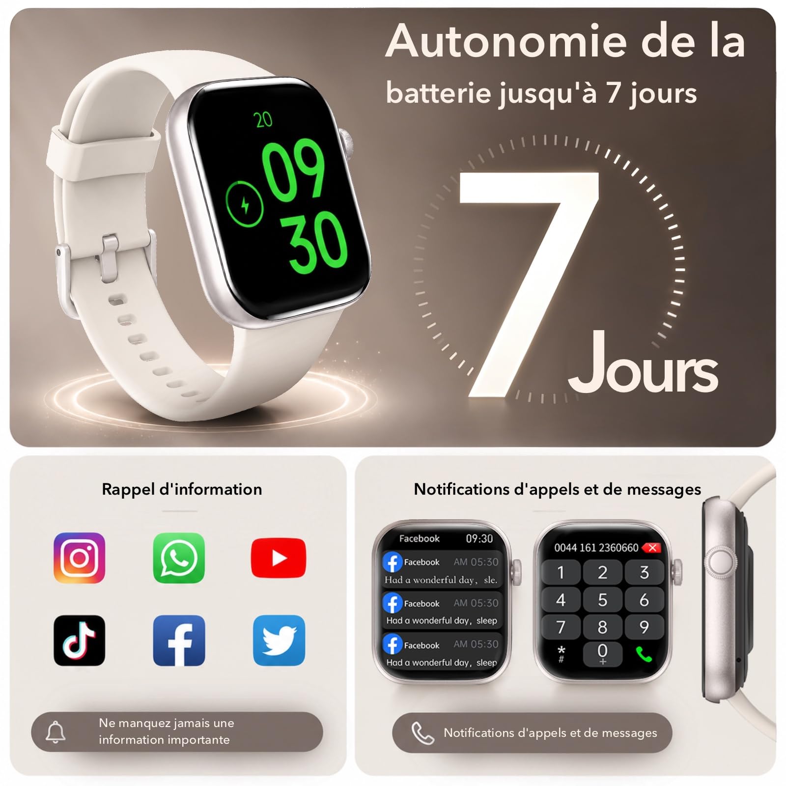 Montre Connectée Homme Femme avec Appels Bluetooth, Écran 1.85" HD Smartwatch Sport (140+ Modes), Cardiofréquencemètre, Moniteur de Sommeil, Étanche IP68 pour Android iOS