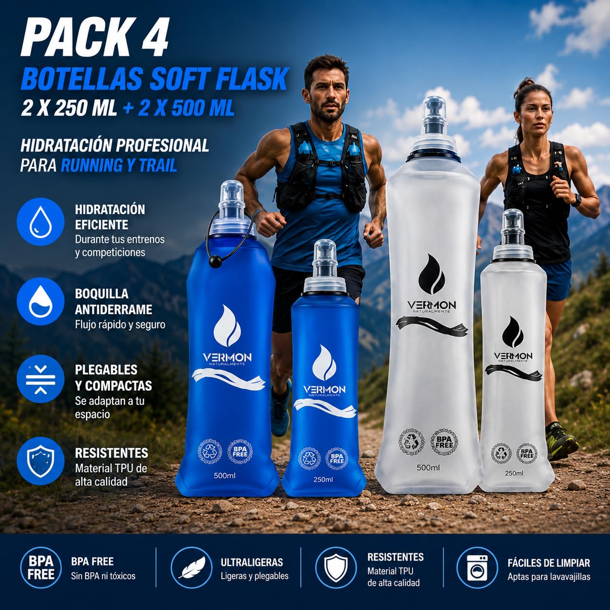 Soft Flask 250ml y 500ml Pack de 4 | Botella Plegable de Agua para Running, Trail Running, Ciclismo y Senderismo | Bolsa de Hidratación Deportiva de TPU Libre de BPA, Válvula Antigoteo