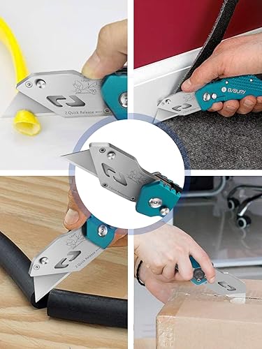 Miniatura 5 de BIBURY Cuchillo utilitario, cortador de caja plegable resistente, cuchillo de bolsillo para alfombra con 10 cuchillas adicionales de acero