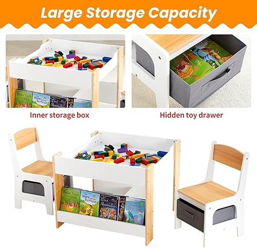 Miniatura 9 de Asweets Juego de mesa y silla para niños, escritorio 4 en 1 con cajón de almacenamiento, mesa de actividades de madera para mesa desmontable 2 en 1,