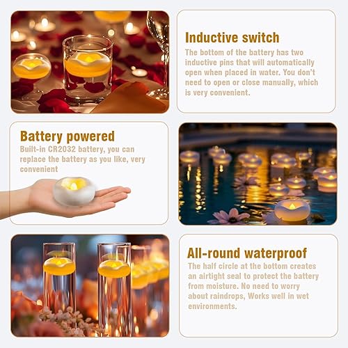 Miniatura 6 de Paquete de 12 velas flotantes, velas de té LED impermeables de 3 pulgadas, llama parpadeante realista, batería de 160 horas, sin llama y segura,