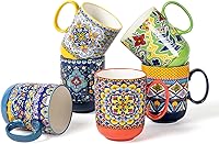 HENXFENLEAD Boho Ceramic Coffee Mugs Set of 6 - 14oz Stackable Porcelain Cups for Latte, Tea, Cocoa - Microwave Dishwasher Safe Lead-Free