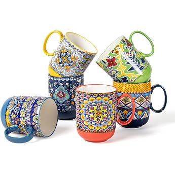 HENXFEN LEAD Porcelain Coffee Mug 410 ml Coffee Cups Set with Handle Porcelain Cups for Tea Coffee Milk Cappuccino Colorful Pack of 6 - Bohemian Style