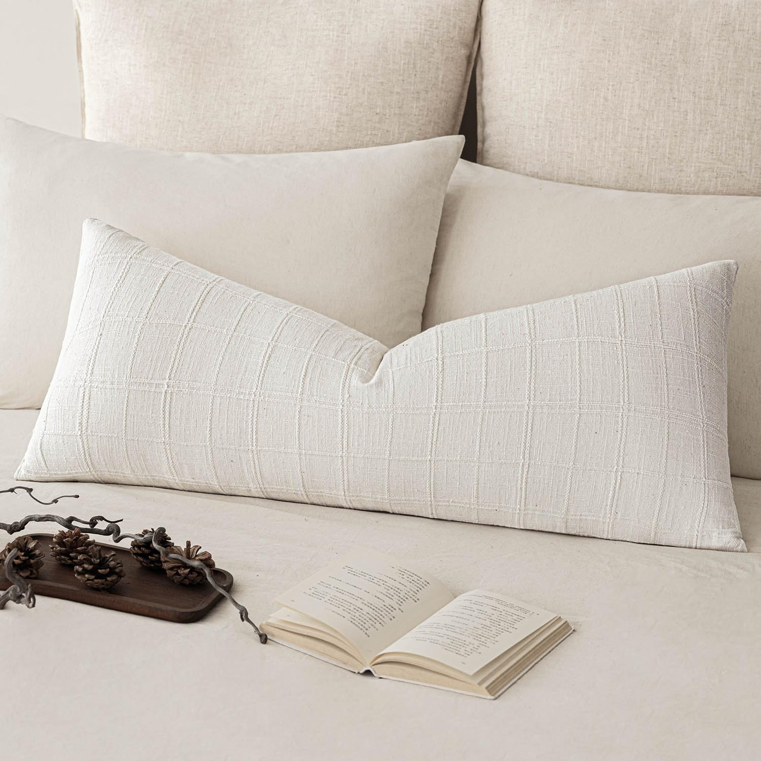 Foindtower Set of 1 Decorative Linen Check Throw Pillow Cover Neutral Long Body Lumbar Cushion Cover Farmhouse Vintage Boho Home Decor for Sofa Chair Couch Bedroom Living Room,14×36 Inch,Cream White