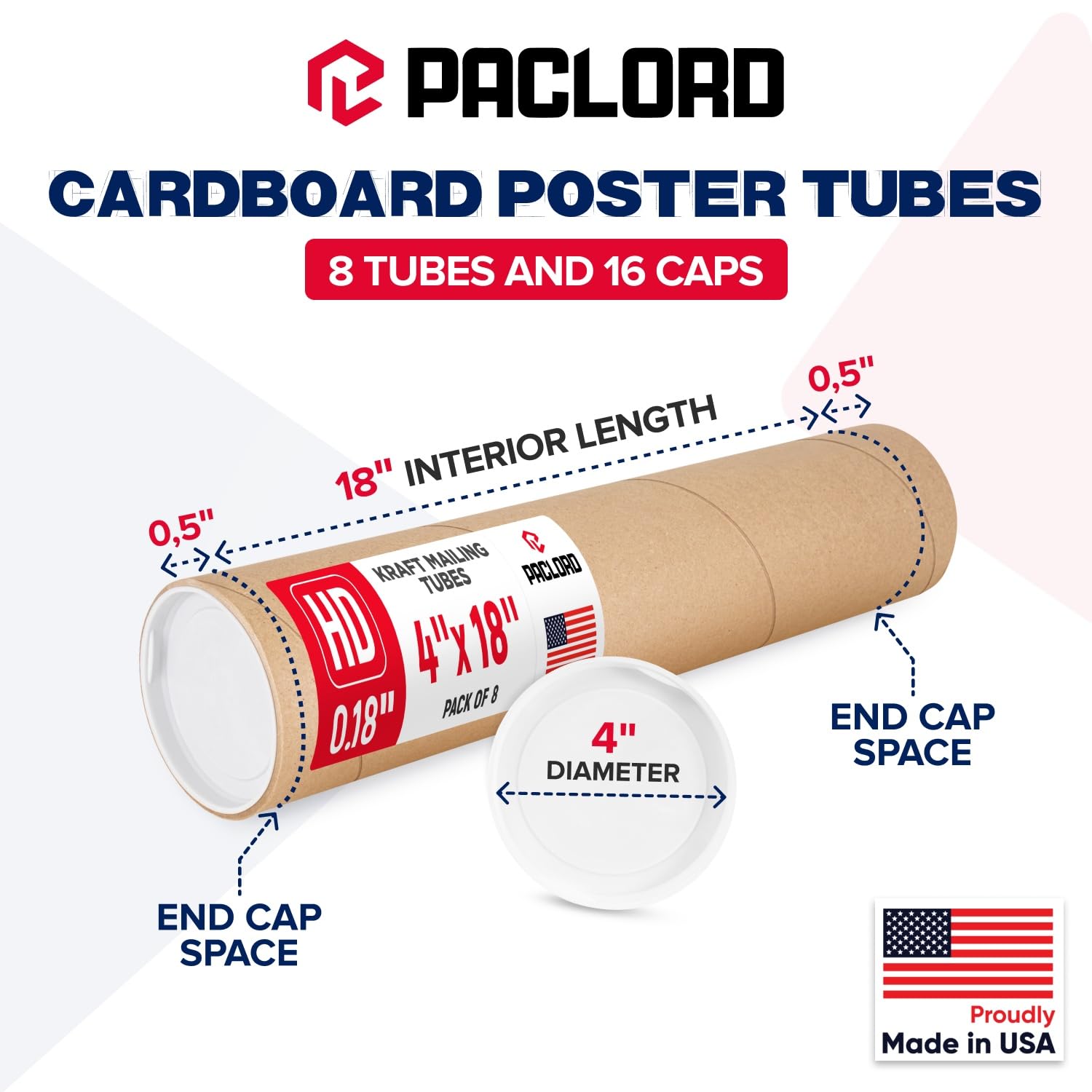 Tubo de cartón reforzado de alta resistencia de 4 x 18 pulgadas, paquete de 8 tubos con 16 tapas, aprobado por USPS seguro, ideal para envío y almacenamiento de impresiones, obras de arte