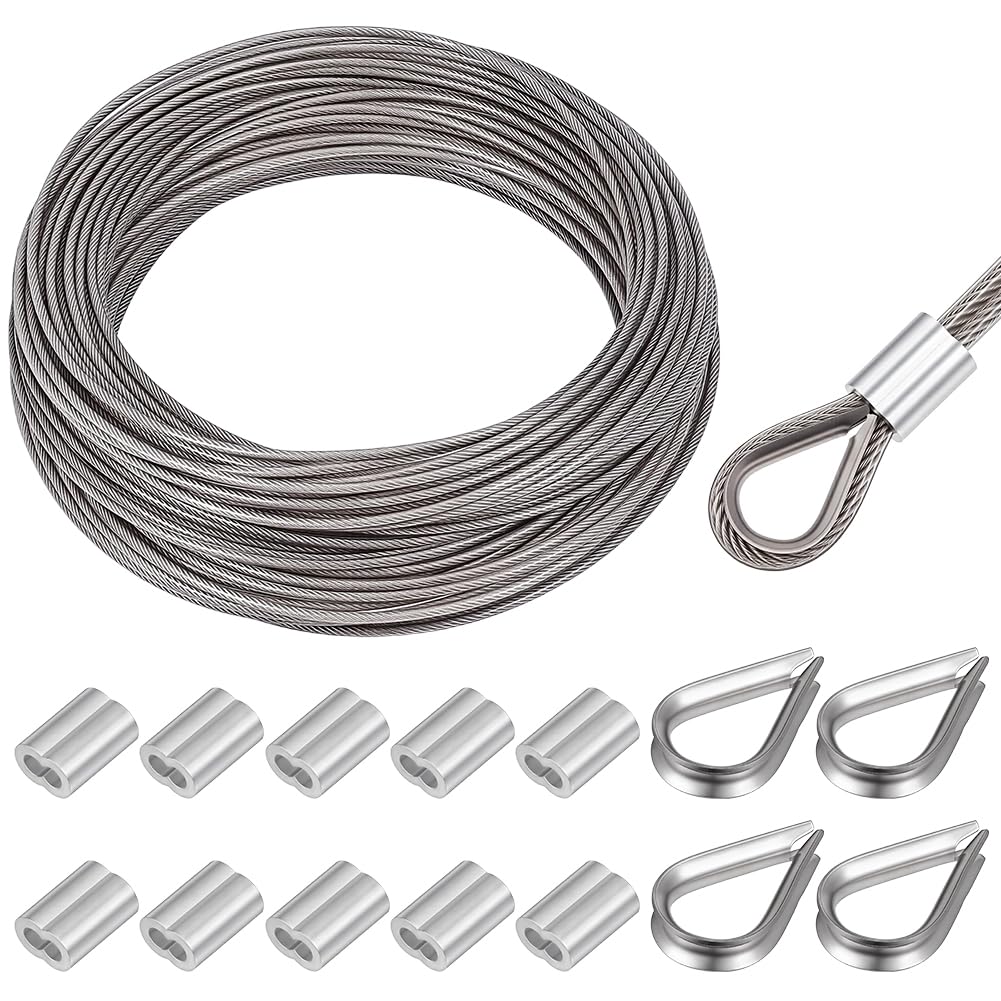 BENECREAT Cuerda de acero inoxidable 304 de 50 m, 3,5 mm recubierto de plástico, 7 x 7 hilos con 20 guardacabos y 50 casquillos de aluminio para colgar cadenas de luz, suspensión de imágenes y