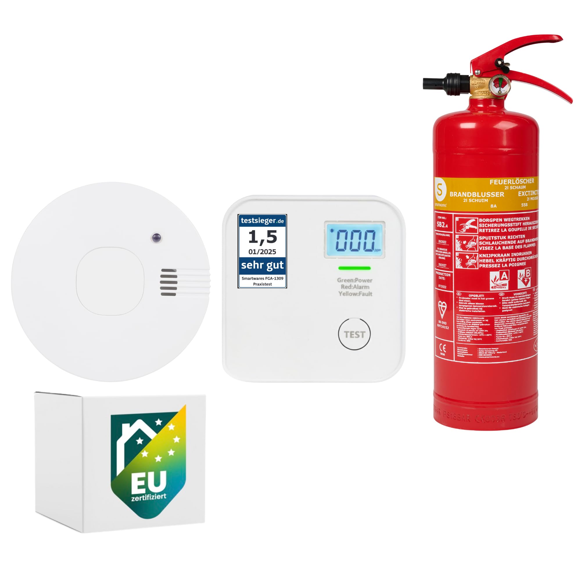 Bundle of Smartwares CO-Melder + Rauchmelder FSM-11750 + Schaum-Feuerlöscher FEX-15226