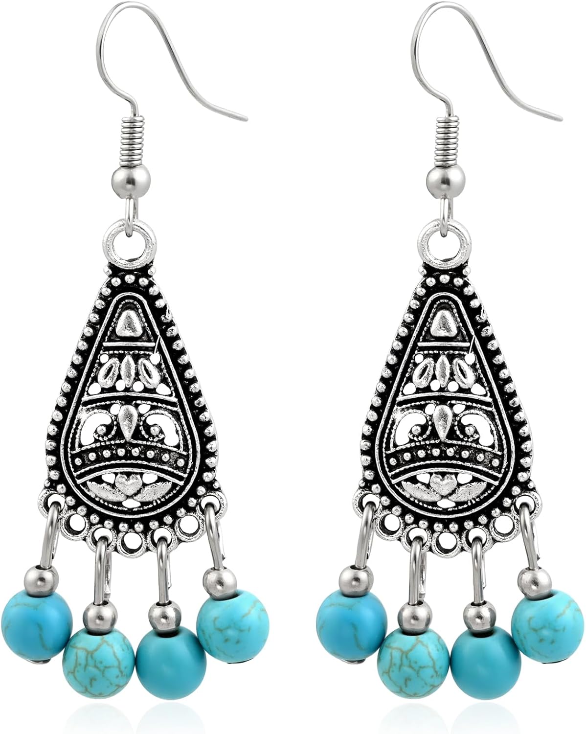 Boho Silver Turquoise Filigree Western Country Earrings Teardrop Drop Dangle Vintage Stone Bohemian Statement Earrings for Women Cowgirl