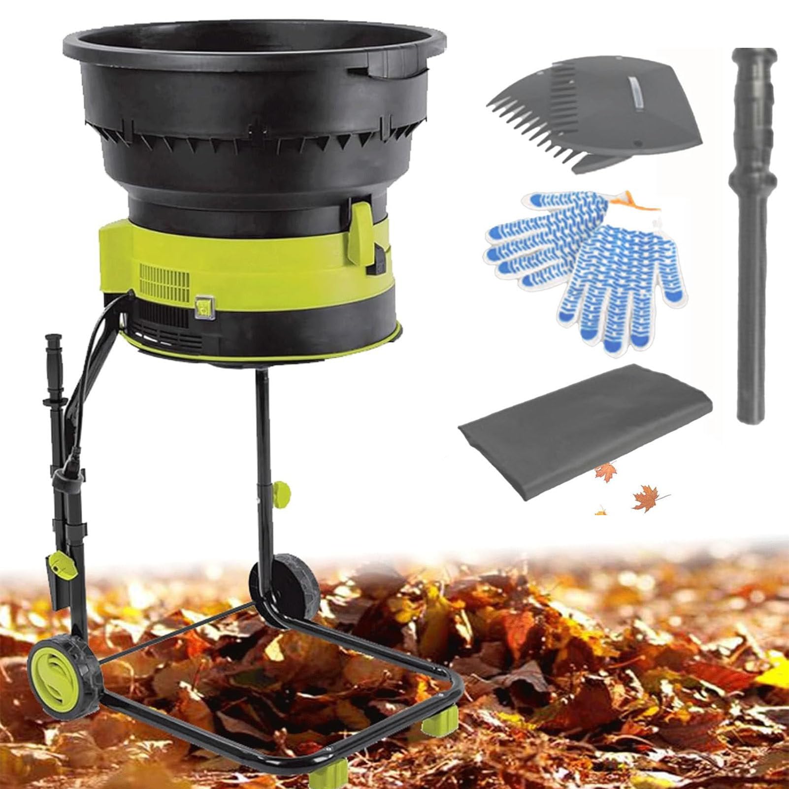Trituradora de jardín sin cuchillas, trituradora de abono desfoliadora eléctrica silenciosa, tritura hasta 45 mm, velocidad de 8000 rpm, cuchillas de acero reversibles con bolsa de recolección,30cm