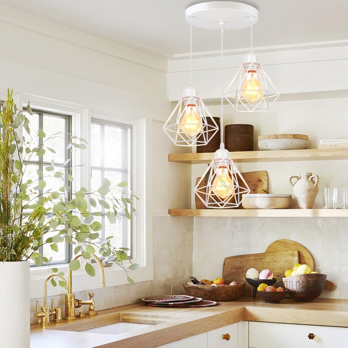 Lampadario a sospensione 3 Luci Vintage Plafoniera Industriel Lampadario vintage da soffitto E27 Design Gabbia ferro Bianco Ø160mm Per Soggiorno Cucina Camera da letto