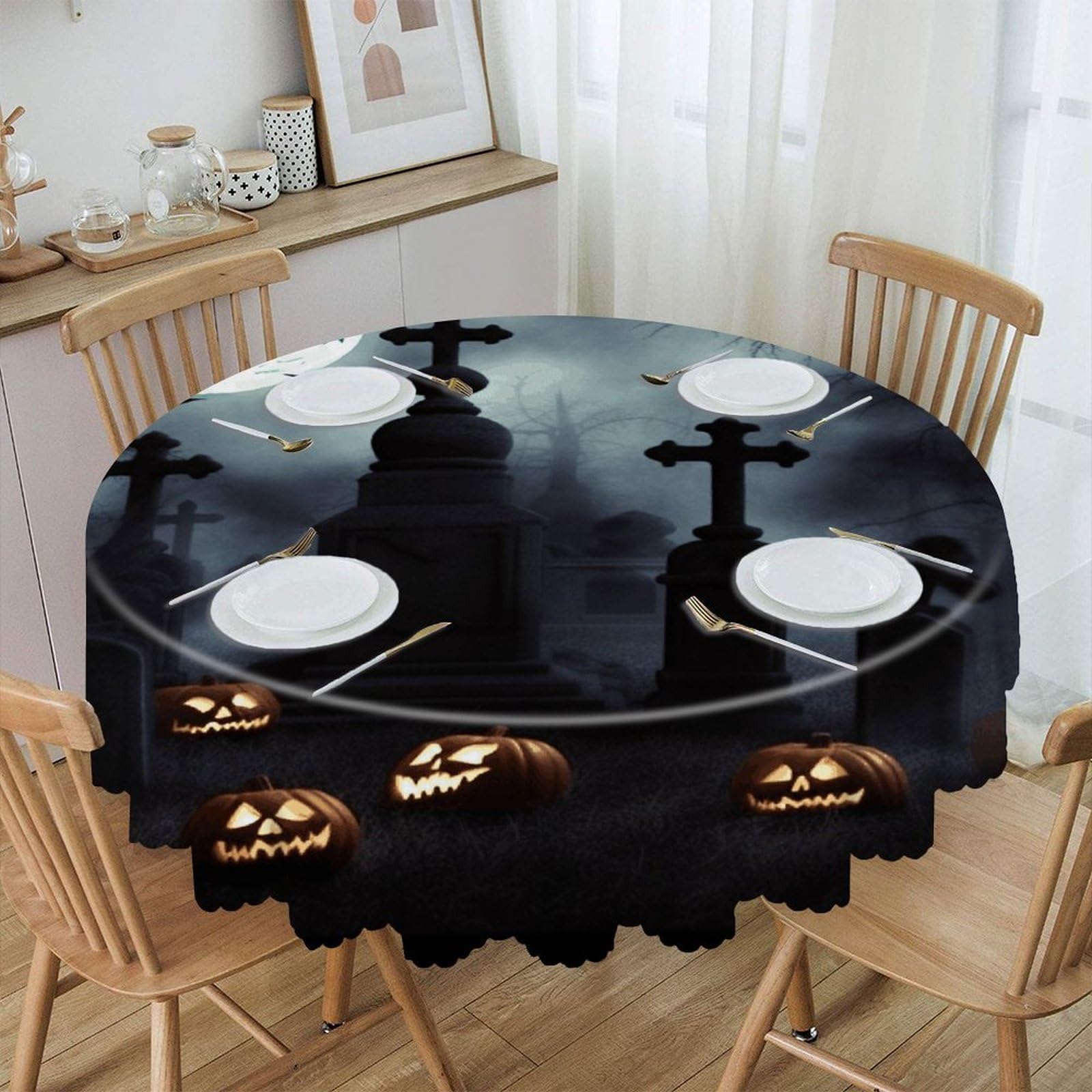 FekiLoot Gothic Happy Halloween Round Tablecloths 60 Inch Resistant Washable Polyester Table Cloth Style Decorative Circle Fabric Table Cover for Dining Kitchen Party Farmhouse Outdoor