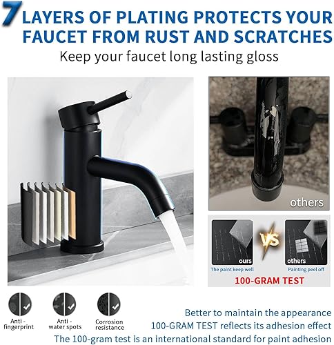 Miniatura 8 de Grifo de lavabo de baño negro de un solo agujero, grifo de lavabo de una sola manija, acero inoxidable negro mate, moderno grifo de baño con líneas