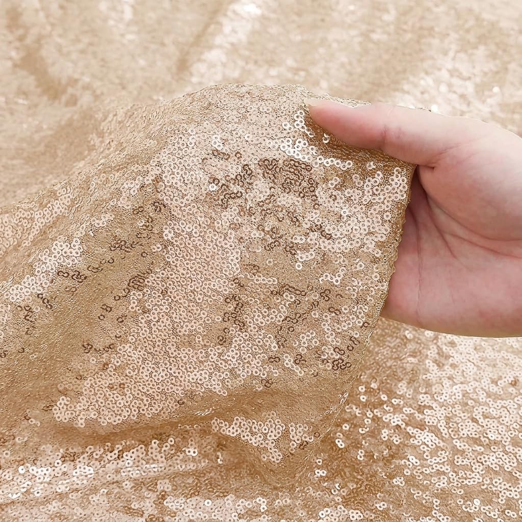 120 Inch Round Champagne Sequin Tablecloth, Metallic Glitter Sparkle Table Cover for Banquet Dining Table or Overlay, Sequin Fabric Table Cloths for Wedding Birthday Party Decorations