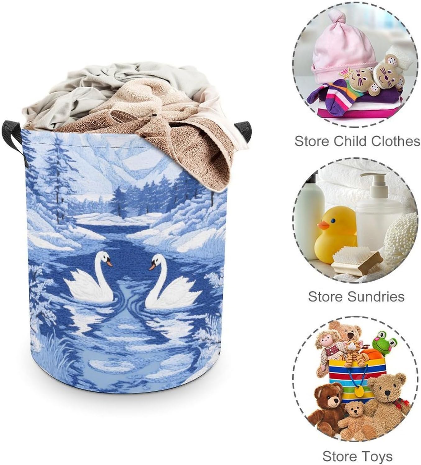 Swans Winter Snow Scene Laundry Hamper Basket for Home Bathroom | clothes storage,handle,large capacity,oxford