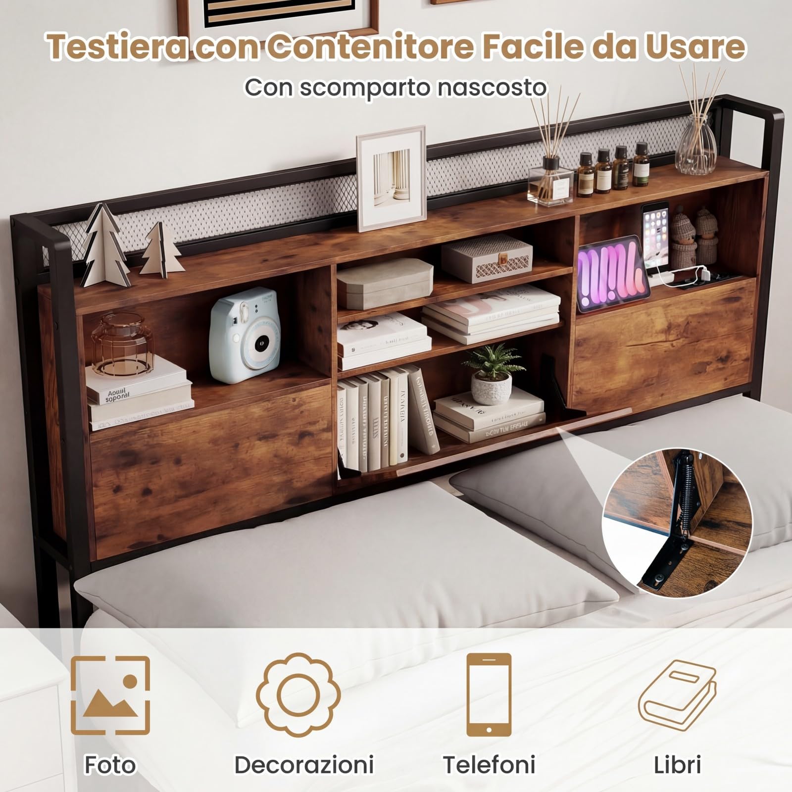 COSTWAY Struttura Letto con Testiera, Letto con 4 Cassetti e Doghe Robuste in Metallo, Letto a Piattaforma con Prese, Silenzioso, Carico Massimo 300kg (160 x 200 cm)