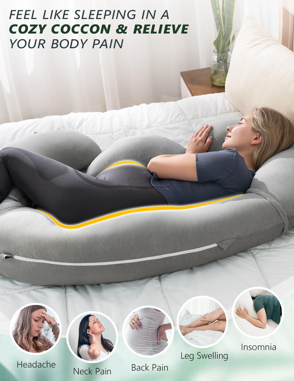 Meiz Cuscini per gravidanza, rinfrescanti per dormire, a forma di C, per adulti, fodera in rayon di bambù, grigio