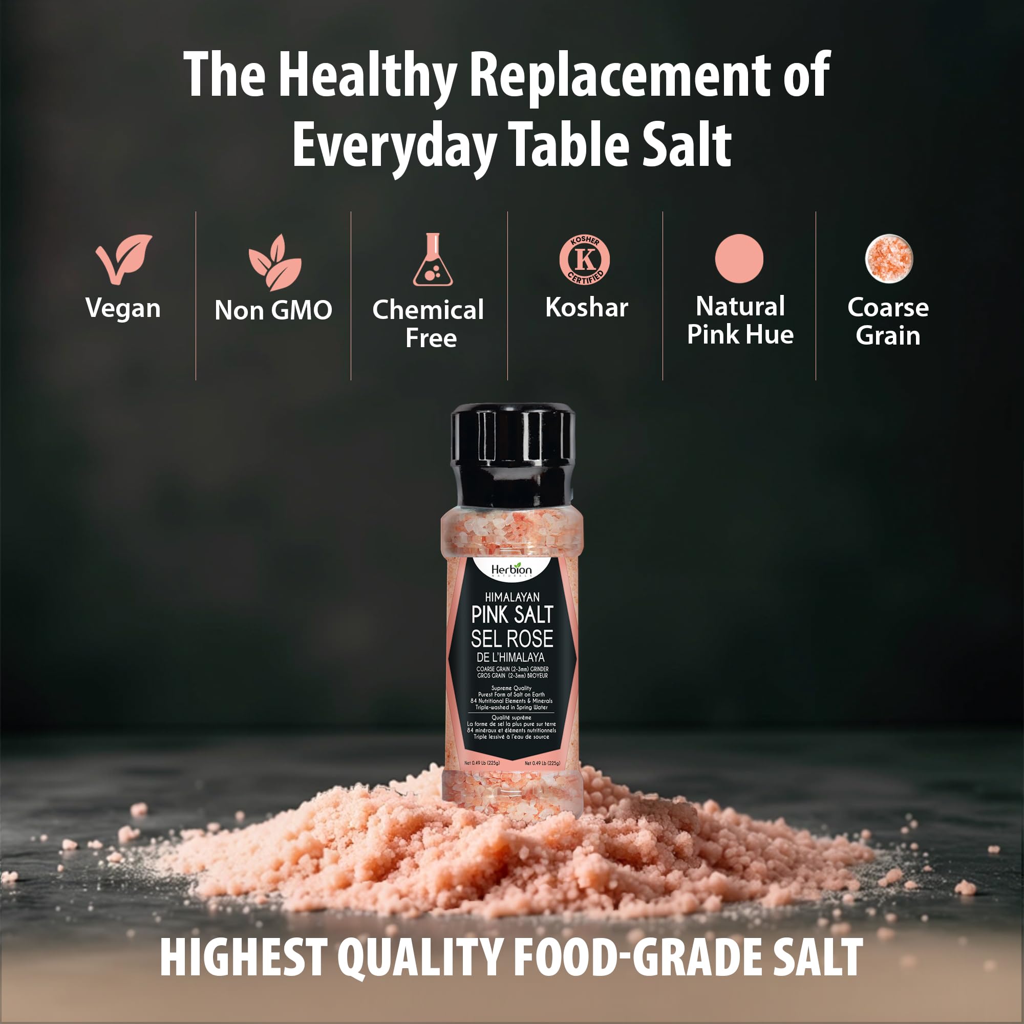 Herbion Naturals Himalayan Pink Salt Grinder a grana grossa, 225 grammi, facile da usare, qualità suprema, forma più pura di sale (confezione da 1)