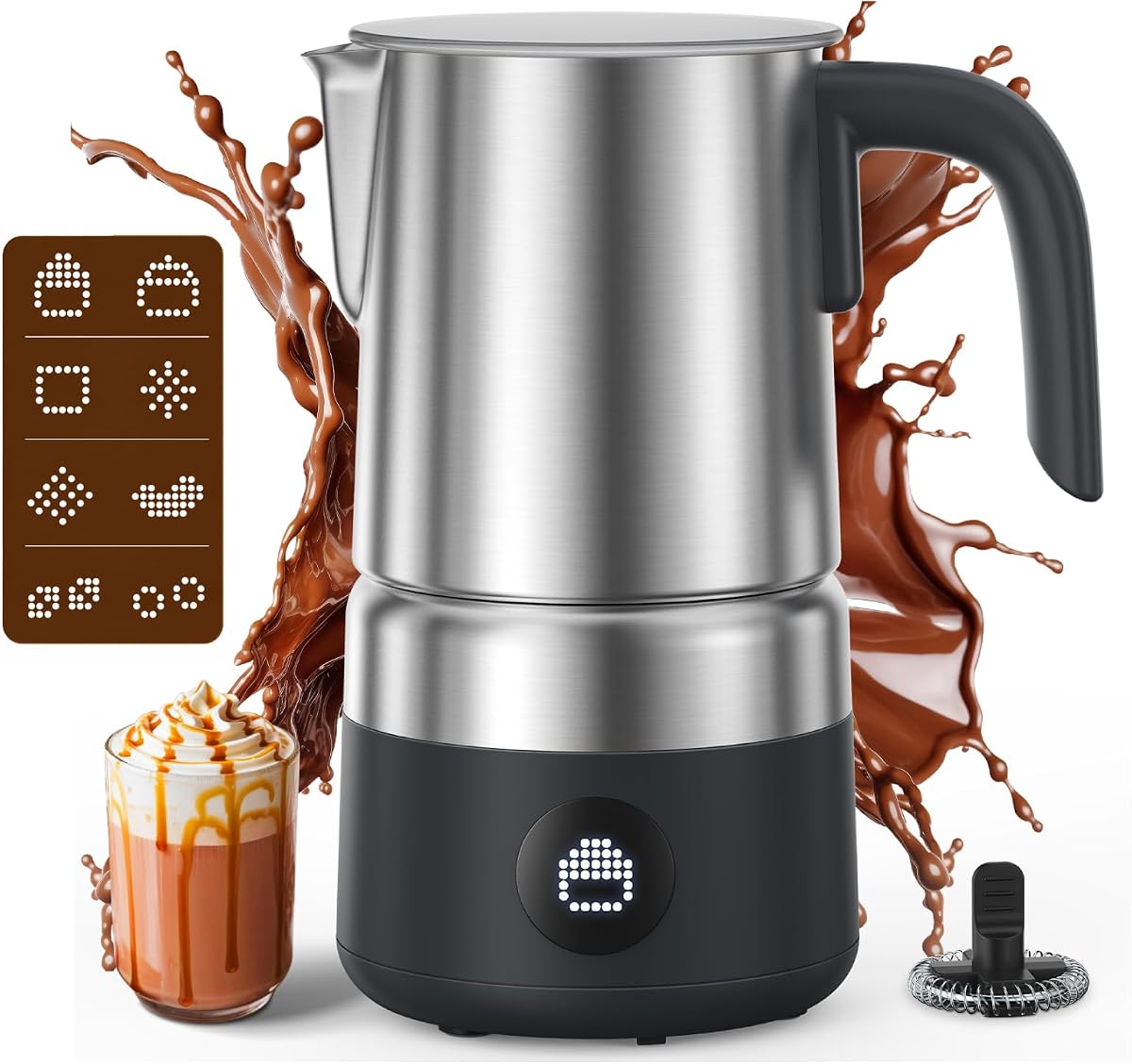 AMZCHEF Electric Milk Frother and Steamer, 8-in-1 Hot & Cold Foam Maker | 600W, 17oz Stainless Steel Pitcher with LED Display, Automatic Foam for Latte, Cappuccino, Macchiato and Hot Chocolate Drinks