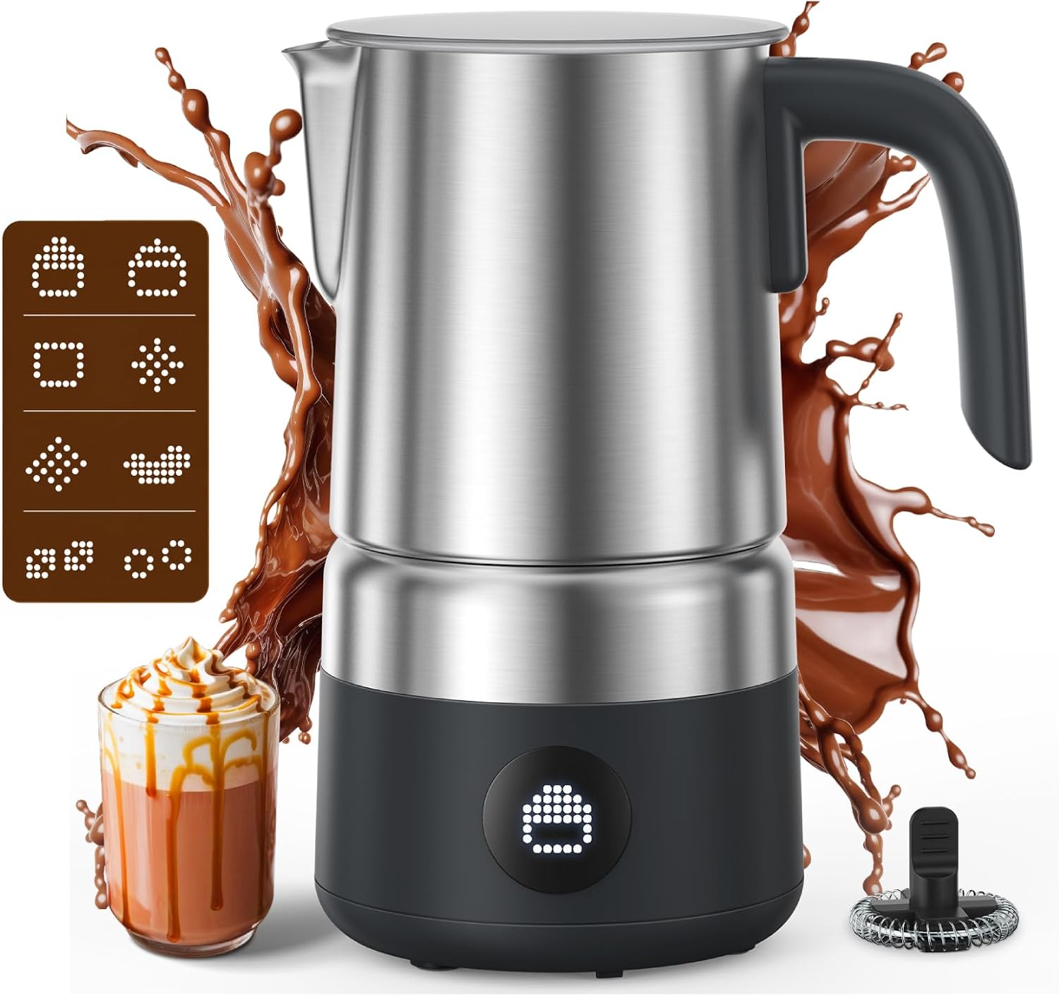 AMZCHEF 8-in-1 Electric Milk Frother and Steamer 600W, 17oz Large Split Stainless Steel Pitcher, Automatic Hot and Cold Foam Maker with LED Display, Milk Warmer for Lattes, Cappuccinos, Macchiato