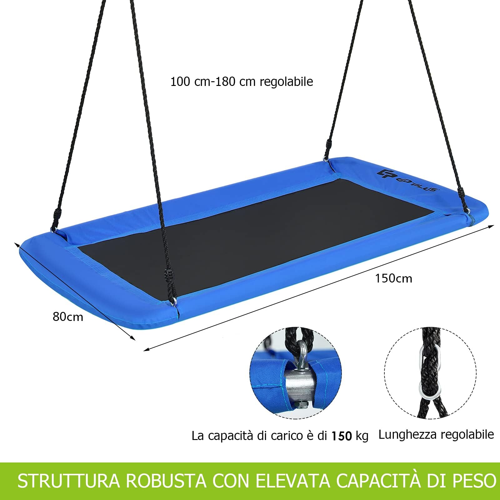 GYMAX Altalene da Giardino per 2-3 Bambini, Sedia Sospesa Grande, Altezza Regolabile, in Tessuto Oxford, Telaio Metallico, Resistente e Impermeabile, Facile da Montare (Blu-1)