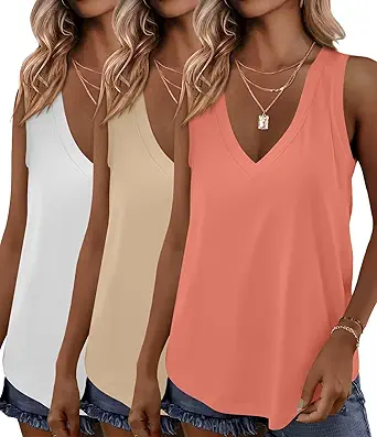 KKJ 3 Pack Womens Tank Tops Workout Summer Vacation Outfits V Neck Loose Sleeveless Blouse Casual Shirts Fall Fashion Clothes