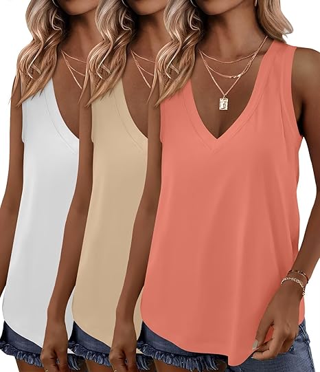 KKJ 3 Pack Womens Tank Tops Workout Summer Vacation Outfits V Neck Loose Sleeveless Blouse Casual Shirts Fall Fashion Clothes