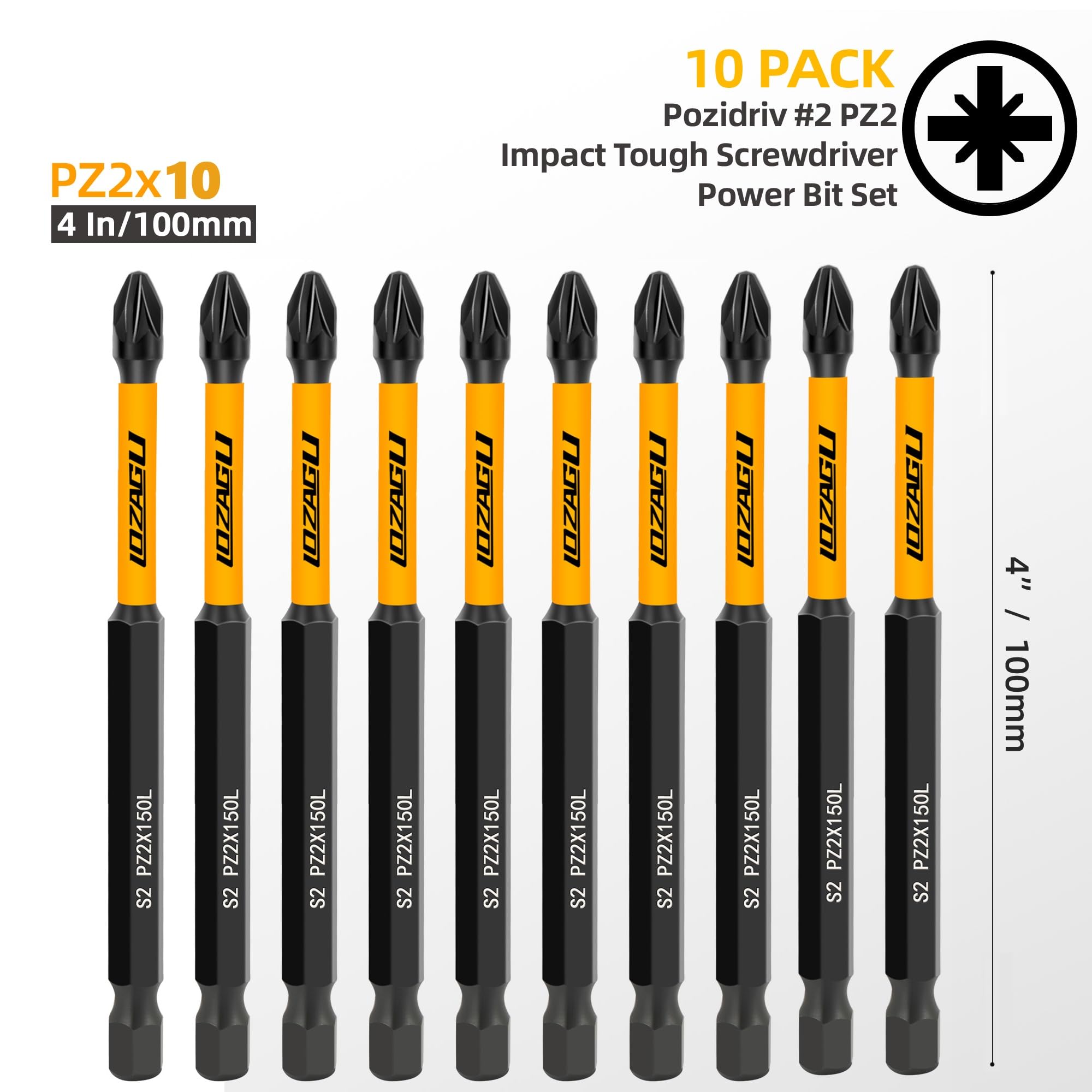 10-Piece PZ2 100mm Bits, PZ2 Magnetic Screwdriver Impact Bits Set, Pozi Pozidriv Bits with Storage Box, Yellow - Image 2