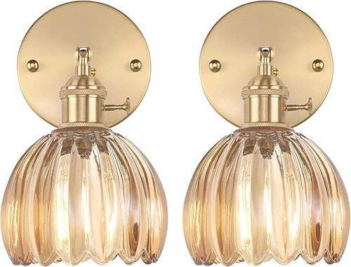 Juego de 2 apliques de pared vintage con pantalla de cristal de tulipán ámbar de 180 grados, ajustable, de latón, con cable, moderna, con