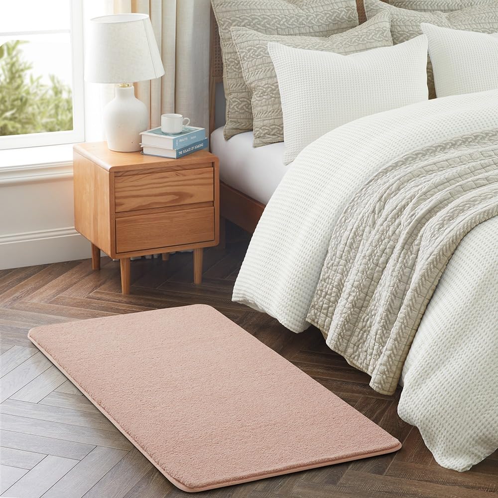 Hafaa Rugs Living Room Pink Rugs For Bedroom Soft Fluffy Beige Rug 60x120 cm – 600 GSM Thick 100% Polyester, Anti-Slip Backing, Low Pile Bedside Carpets for Kids