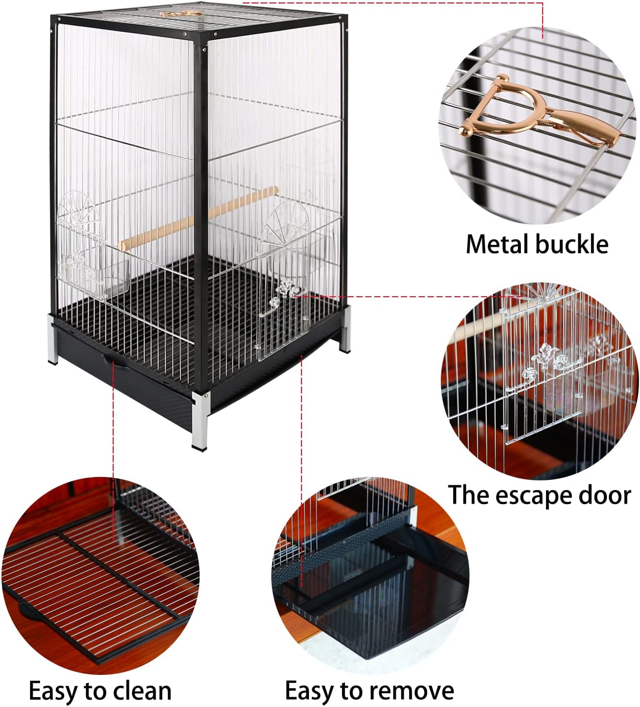 Flat top Bird Travel cage,21 inch Parrot Carrier with Wooden Perch Feeding Cup for Conures Cockatiel Parakeets（Aluminum Frame Black） : Pet Supplies
