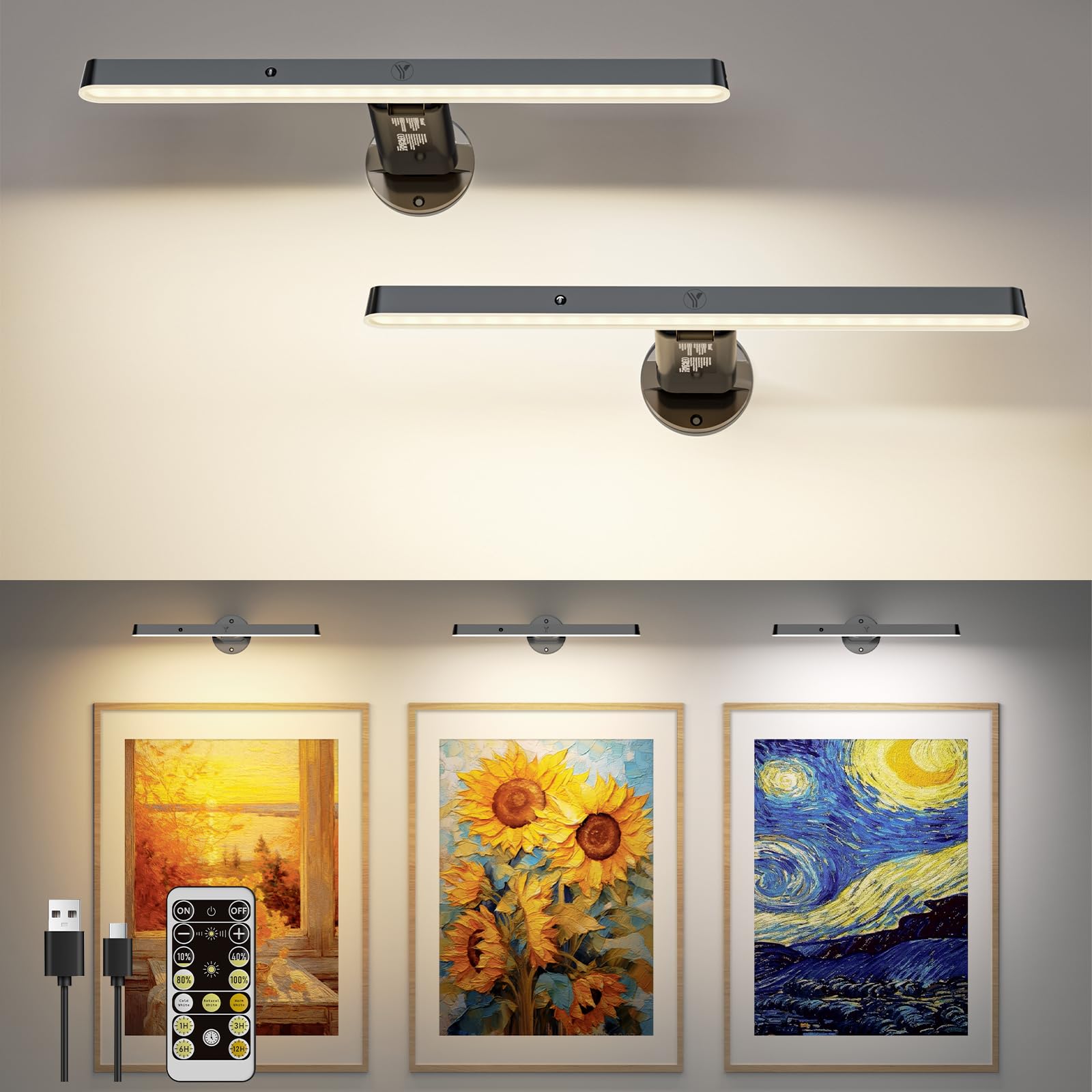 2 Pack Picture Lights for Wall, Rechargeable Wall Lights with Remote Control and Timer, Dimmable & 3 Color Temps, Magnetic Battery Operated LED Picture Lights Indoor for Paintings, Portraits, Black