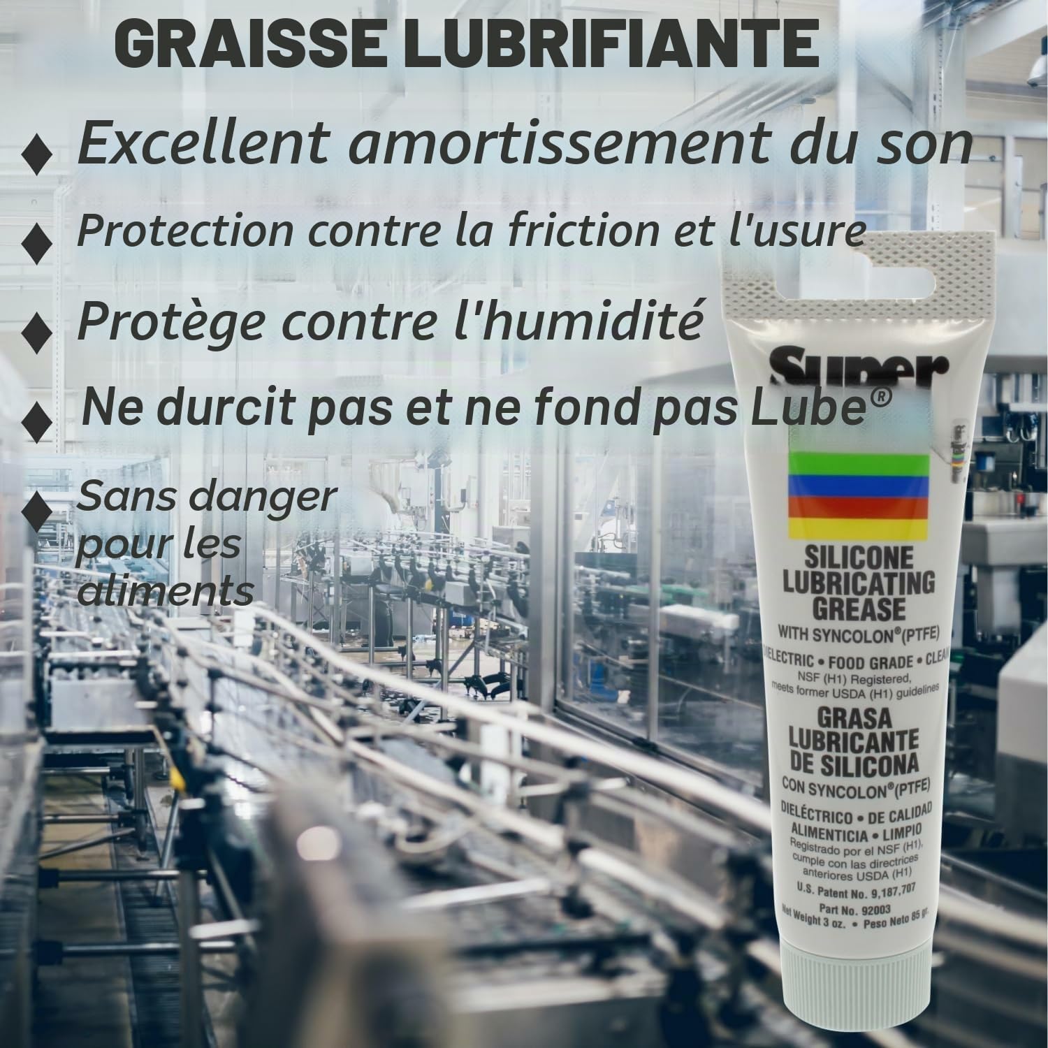 Super Lube 92003 Graisse lubrifiante au silicone avec PTFE, tube de 85 g, blanc translucide