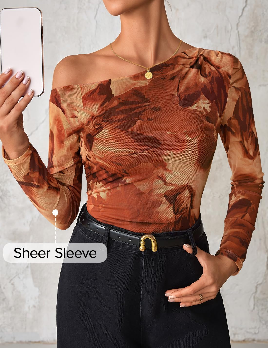 ZESICA Women's Floral Off Shoulder Long Sleeve Tops 2026 Spring Mesh Ruched Fitted Trendy Going Out Shirts Blouses - Image 4