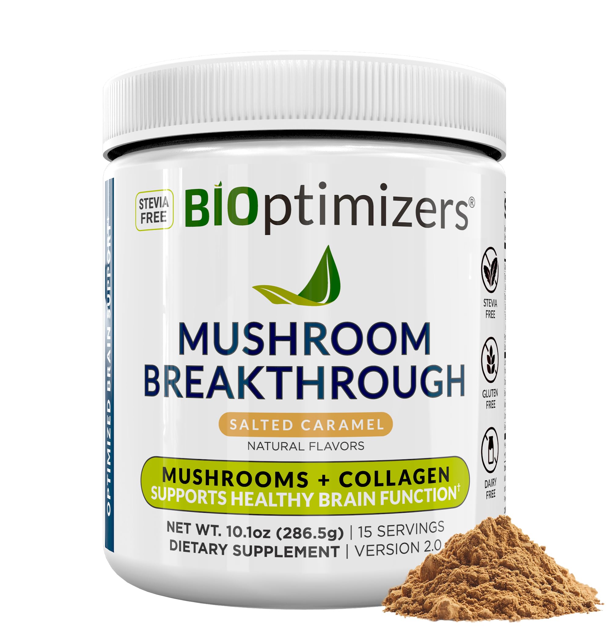 BiOptimizers Mushroom Coffee Alternative – Salted Caramel Drink – Lion’s Mane, Chaga, Reishi + Collagen Peptides for Focus, Energy & Gut Health – Adaptogenic Mushrooms & MCT Powder – 15 Servings