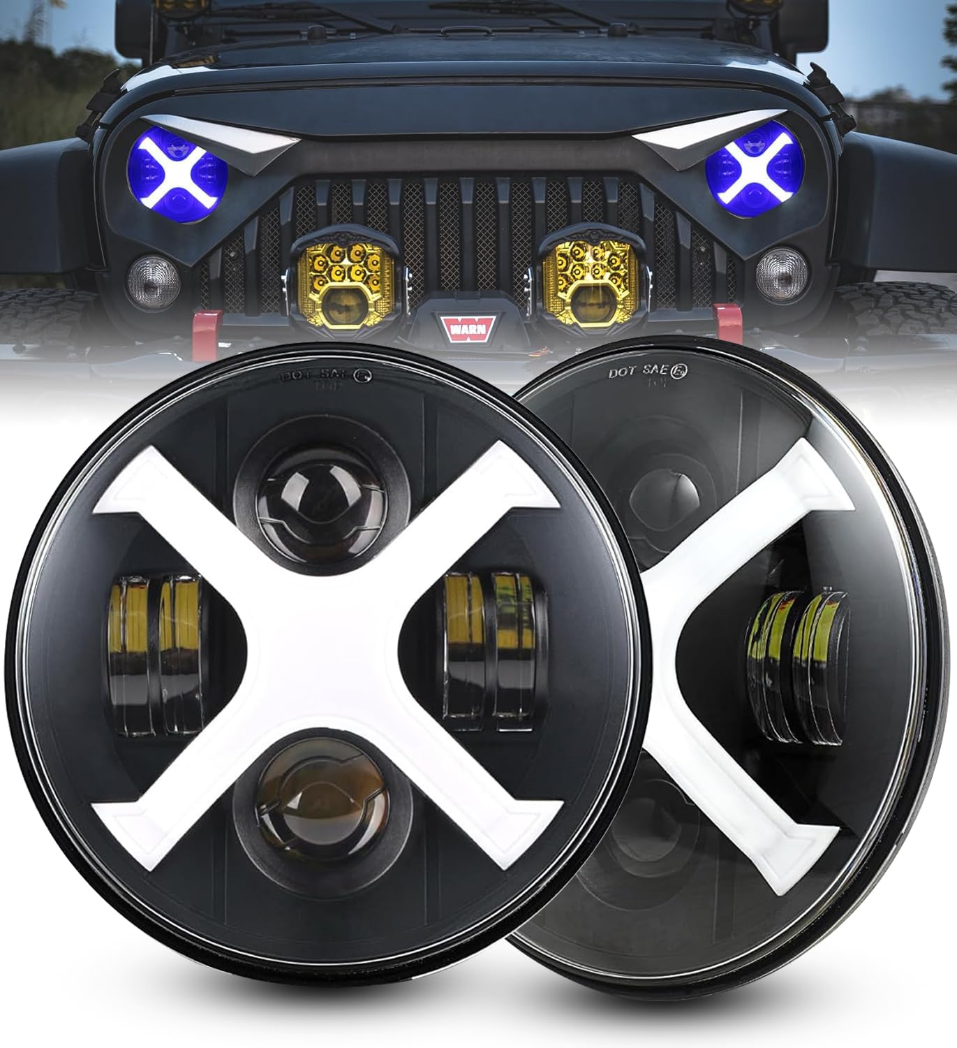 HENGTUAUTO 7inch Round X-Style Headlights White DRL Blue Turn Signal Compatible with 2007-2017 Wrangler JK JKU TJ LJ