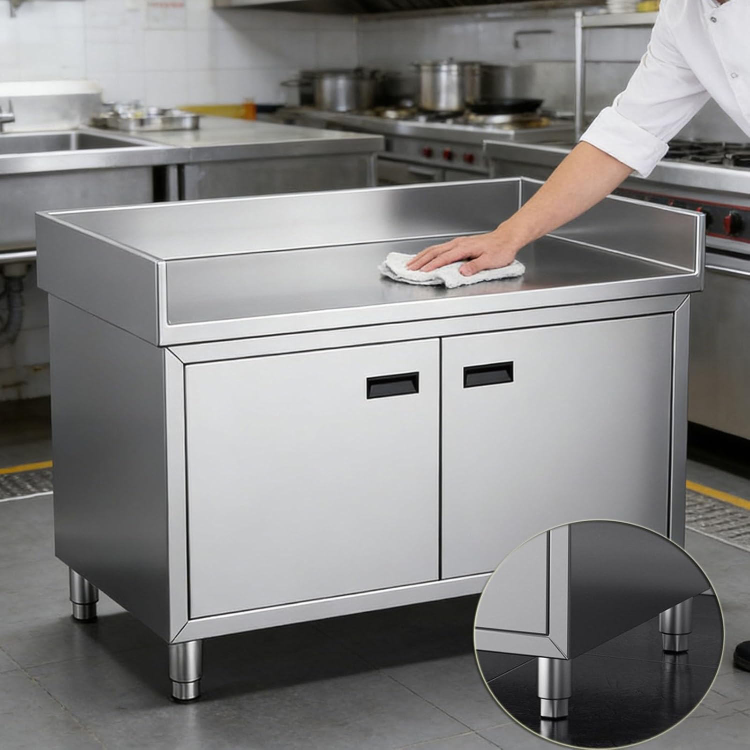 Double-Door Stainless Steel Workstation with Three-Sided Enclosure Design Worktable Metal Prep Table Fully Welded Construction Kitchen Cutting Board Countertop(80x60x80cm/31.5x23.6x31.5”)