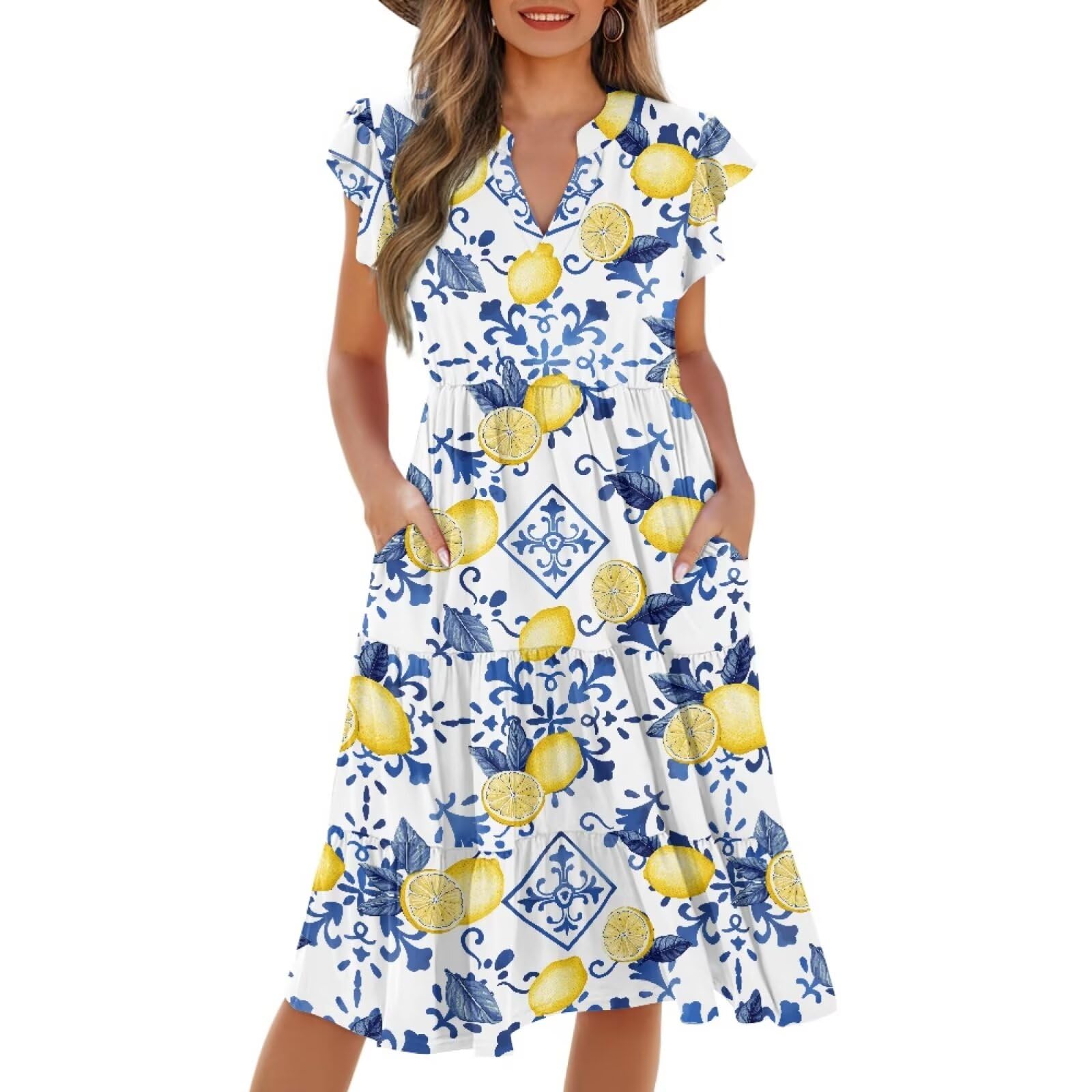 Womens Summer Dress Ruffle Sleeve V Neck Dress Casual Fit Flowy Beach Vacation Sundress with Pocket S-2XL
