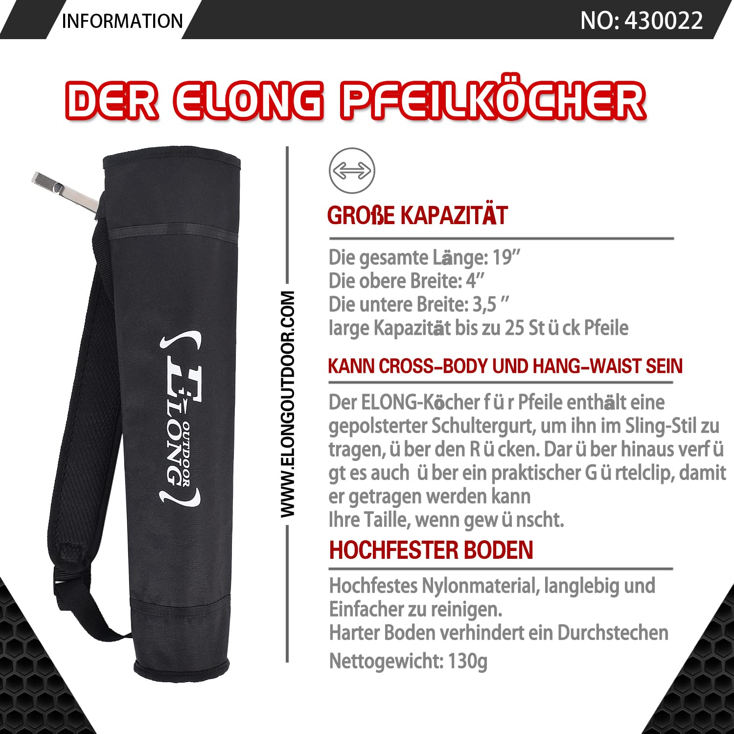 Faretra Per Frecce Elong - Regolabile, Per Arco Ricurvo O Composto, Ideale Per Caccia E Allenamento