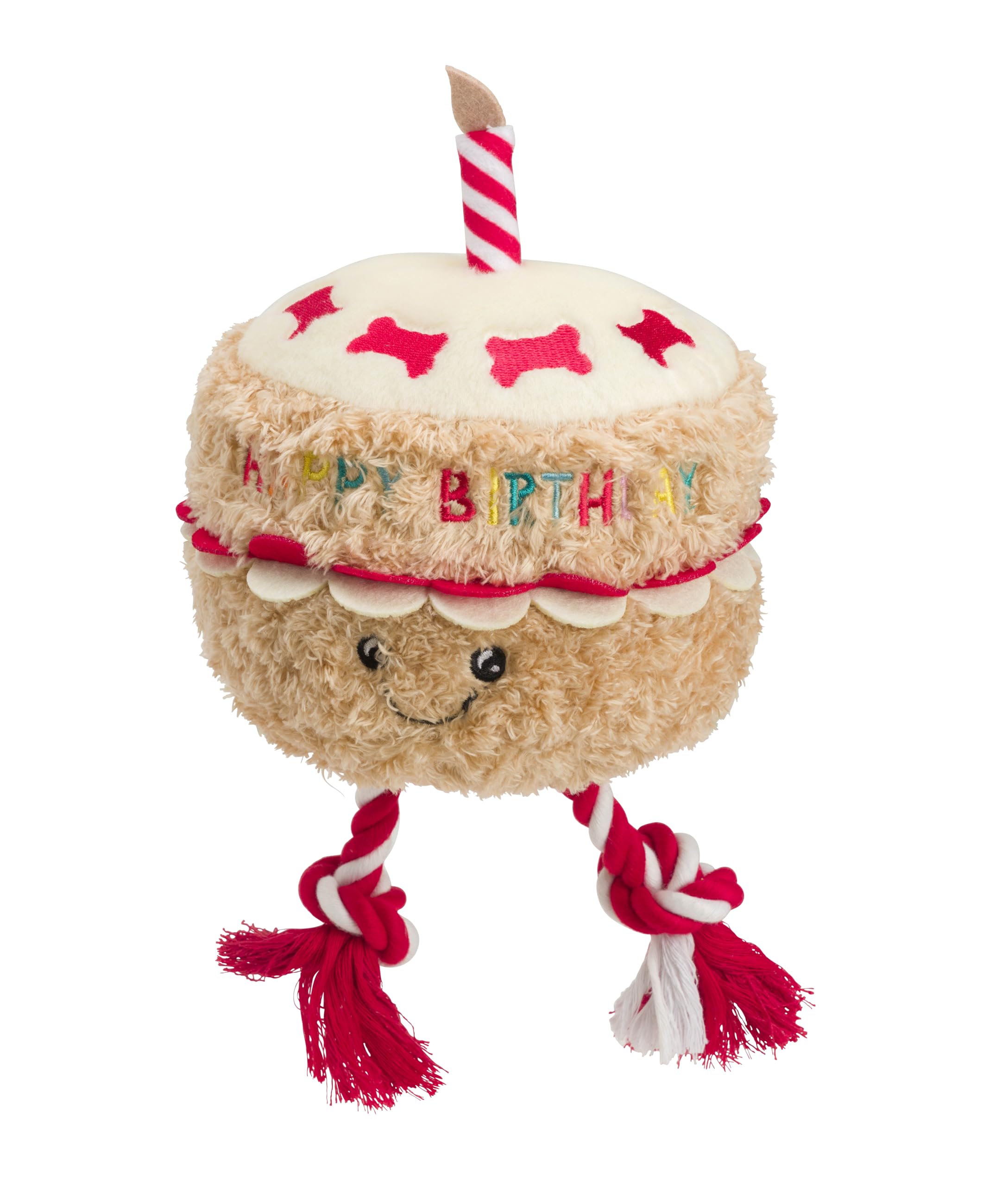 House of Paws Birthday Cake Dog Toy with Rope and Squeaker - Plush Interactive Pet Toy