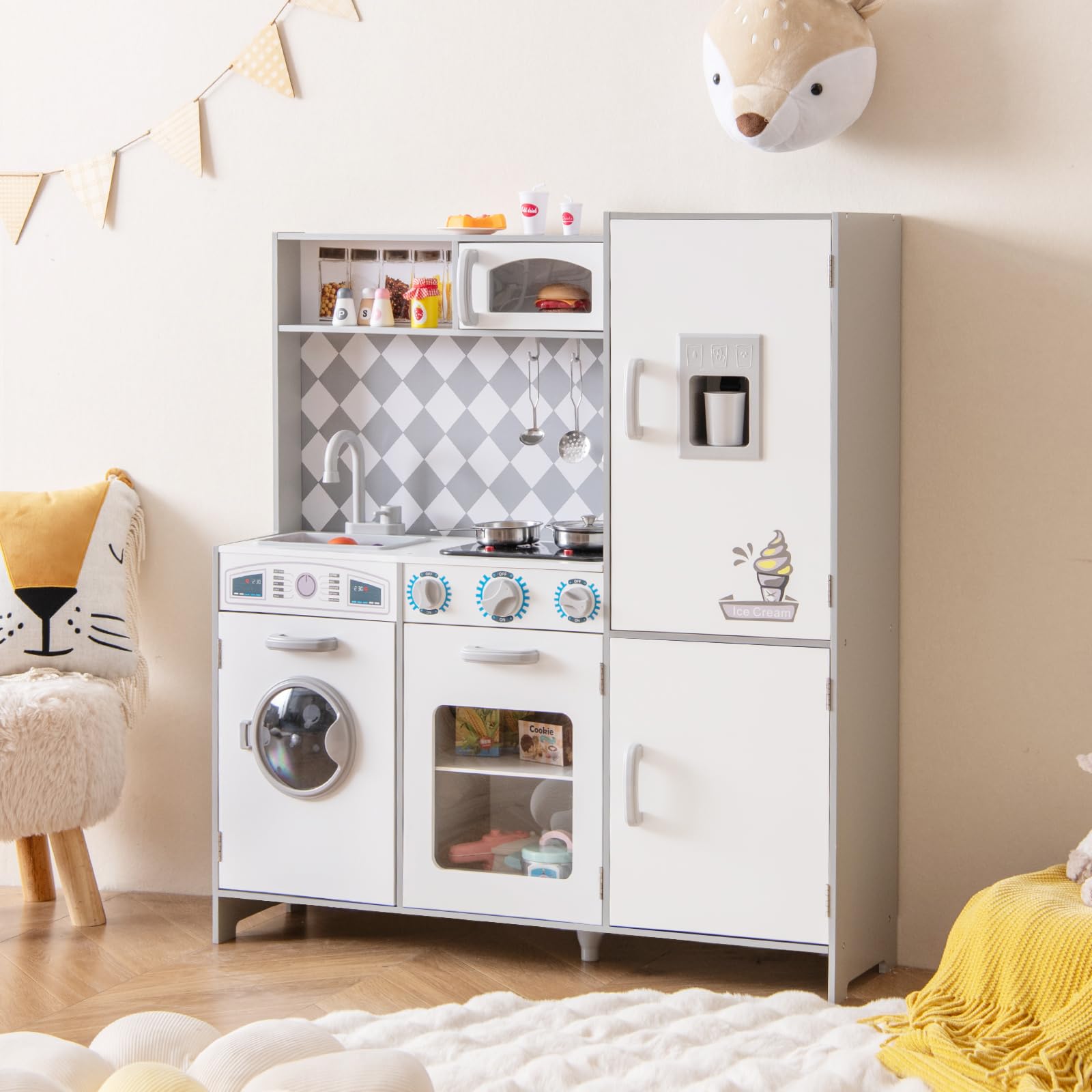 HOMASIS Spielküche mit Zubehör, Kinderküche Holz mit Herd Spüle Wasserhahn Mikrowelle Ofen Waschmaschine, Spielzeugküche mit Licht & Sound, Küchenspielzeugset für Kinder ab 3 Jahren (Weiß, Modell 1)