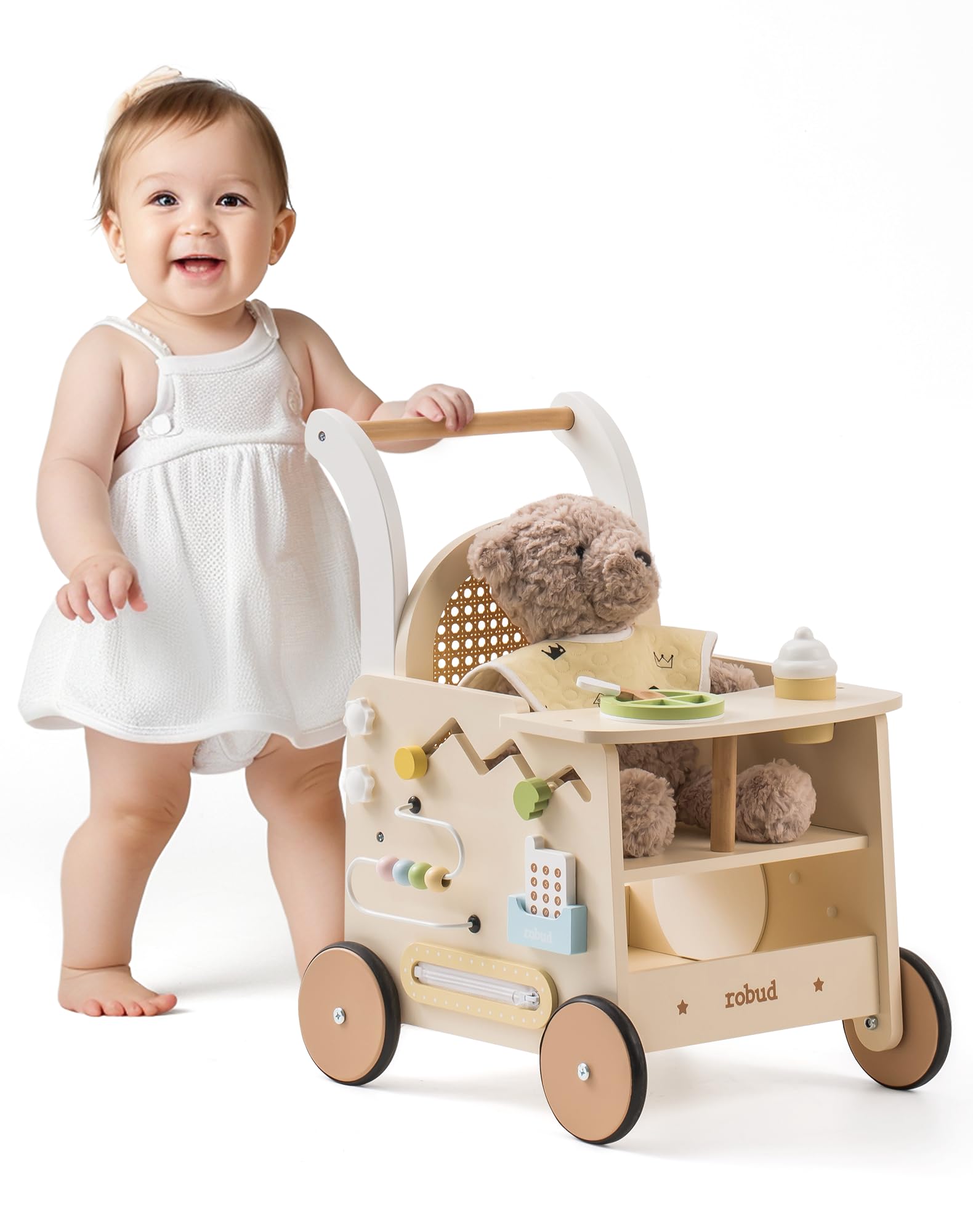 ROBUD Drewniany pomocnik do nauki chodzenia Baby Walker 2 w 1, wózek do nauki chodzenia z Montessori Busy Activity Board, hamulec bezpieczeństwa, zabawka na spacery, prezent
